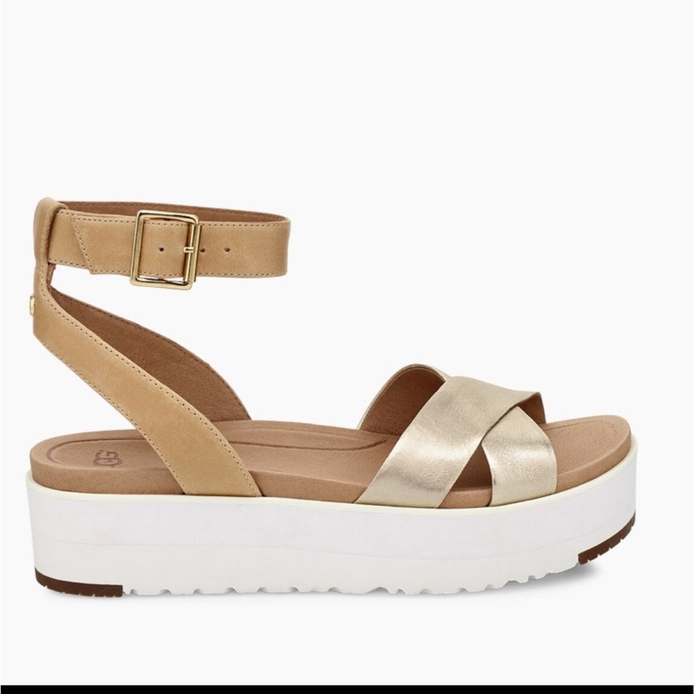 🤎EUC UGG Tipton Metallic Gold & Nude Leather Ankle Strap Platform Sandals 🤎
